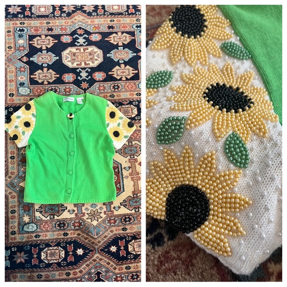 Vintage Tops - Vintage knit top button down sunflowers beaded green yellow crop blouse M